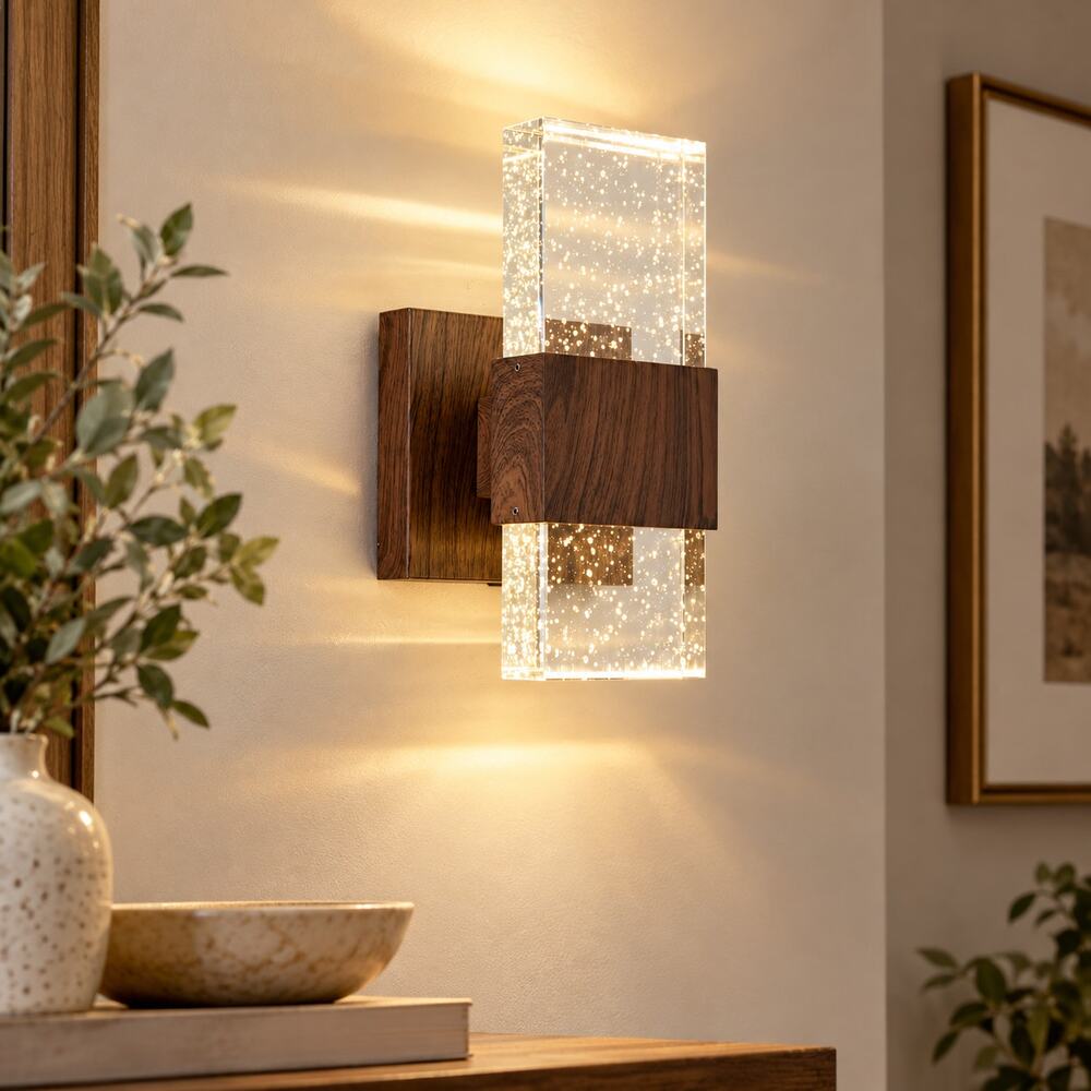 Walnut Wood LED Wall Sconce – Bubble Crystal Shade, Rustic Farmhouse Light